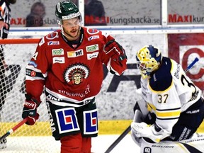 Theodor Lennstrom celebrates a goal with Frolunda HC of the Swedish Hockey League this past season.