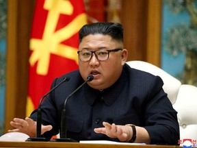 North Korean leader Kim Jong Un speaks as he takes part in a meeting of the Political Bureau of the Central Committee of the Workers' Party of Korea (WPK) in this image released by North Korea's Korean Central News Agency (KCNA) on April 11, 2020.