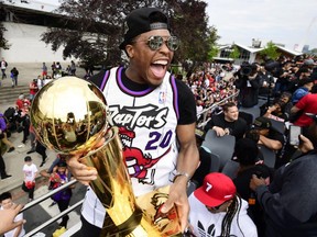 Toronto Raptors guard Kyle Lowry celebrates during the team's championship parade in Toronto on Monday, June 17, 2019.