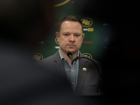 Edmonton Eskimos general manager and vice-president of football operations Brock Sunderland speaks to the media during a press conference in this file photo from Nov. 27, 2019.