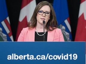 Minister of Children's Services Rebecca Schulz speaks during a news conference in the Edmonton Federal Building on Tuesday, April 21, 2020, on the COVID-19 pandemic and the ongoing work to protect public health.