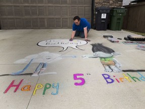 Jeff Maruniak was hired to draw a troll themed birthday piece on the driveway for 5 year old Avery who can't have a party because of the Covid-19 pandemic.