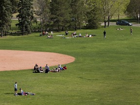 Most people at Diamond park in downtown Edmonton are social distancing while enjoying the weather on Saturday, May 16, 2020.