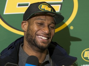 Adarius Bowman speaks at the Edmonton Eskimos' year-end availability on Nov. 21, 2017 in Edmonton.