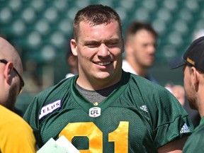 Mark Mackie was cut during training camp and then called back, pictured at an Edmonton Eskimos practice in preparation to face the Toronto at Commonwealth Stadium in this file photo taken July 12, 2018.