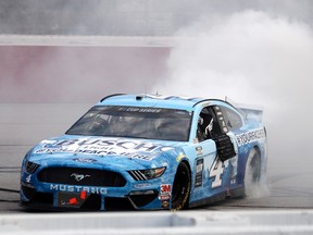 NASCAR Cup Series driver Kevin Harvick (4) celebrates winning the Real Heroes 400 at Darlington Raceway in Darlington, S.C., on May 17, 2020.