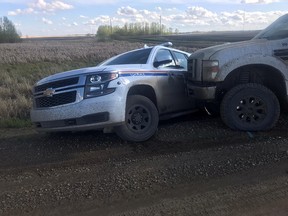 The Wetaskiwin RCMP took one male into custody following a pursuit, tire deflation device deployment and a rammed police car. Image supplied by RCMP