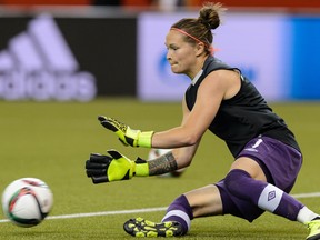 Goalkeeper Erin McLeod of Canada warms up during the 2015 FIFA Women's World Cup Group A match against the Netherlands at Olympic Stadium on June 15, 2015, in Montreal.