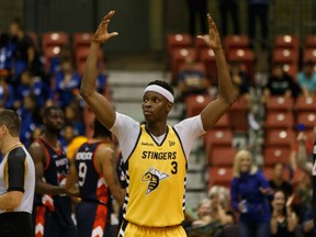 Edmonton Stingers forward Mamadou Gueye (3) celebrates the team's 108-104 victory over the Fraser Valley Bandits during a CEBL game at Northlands Expo Centre on Aug. 1, 2019.