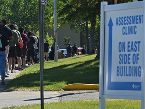 The lineup almost went around a whole block to enter into the Edmonton South Assessment Centre on 29 Avenue on Wednesday, June 10, 2020.