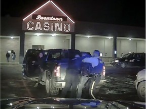 Dash-cam footage from a Wood Buffalo RCMP vehicle shows a police officer tackling Chief Allan Adam to the ground and punching him during an arrest March 10, 2020 outside the Boomtown Casino in downtown Fort McMurray. On June 24, 2020, charges were dropped agains Adam Allan. Screen capture