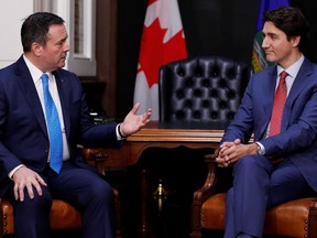 Alberta Premier Jason Kenney and Canada's Prime Minister Justin Trudeau meet on Parliament Hill in Ottawa, Ontario, Canada December 10, 2019.  REUTERS/Blair Gable ORG XMIT: OTW112