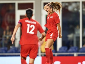 Canada defender Shelina Zadorsky, right, celebrates her goal against Mexico as teammate Christine Sinclair looks on, at the Concacaf Women's Olympic qualifying tournament in Edinburg, Texas, on Feb. 4, 2020.