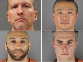 Former Minneapolis police officers (clockwise from top left) Derek Chauvin, Tou Thao, Thomas Lane and J. Alexander Kueng pose in a combination of booking photographs from the Minnesota Department of Corrections and Hennepin County Jail in Minneapolis, Minn.