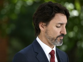 Prime Minister Justin Trudeau speaks during a news conference on the COVID-19 pandemic outside his residence at Rideau Cottage in Ottawa, on Thursday, June 18, 2020.