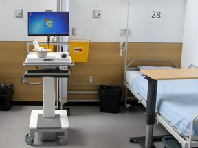 This file photos shows the interior of the temporary health-care facility at the Peter Lougheed Centre, constructed this spring to treat COVID-19 patients. It's known as the Sprung Pandemic Response Unit and has 67 beds and nursing stations.