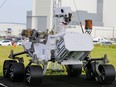 A replica of the Mars 2020 Perseverance Rover is shown during a press conference ahead of the launch of a United Launch Alliance Atlas V rocket carrying the rover, at the Kennedy Space Center in Cape Canaveral, Florida, July 29, 2020.