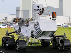 A replica of the Mars 2020 Perseverance Rover is shown during a press conference ahead of the launch of a United Launch Alliance Atlas V rocket carrying the rover, at the Kennedy Space Center in Cape Canaveral, Florida, July 29, 2020.
