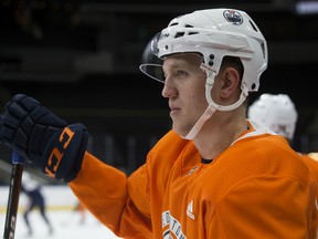 Dmitri Samorukov takes in Edmonton Oilers rookie camp on Sept. 10, 2018, at Rogers Place.