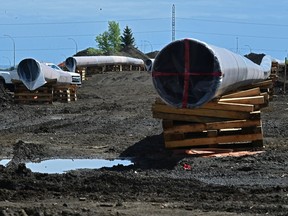 Trans Mountain pipeline expansion project work underway along Anthony Henday Drive south near 119 Street in Edmonton on May 26, 2020.