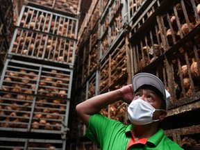 A worker stands next to coconuts at a storage inside Chaokoh coconut products company plant in Nakhon Pathom, Thailand July 23, 2020.