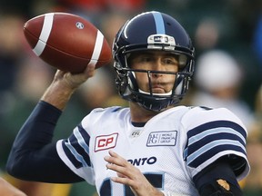 Toronto Argonauts quarterback Ricky Ray looks to pass against the Edmonton Eskimos at Commonwealth Stadium on Oct. 14, 2017.