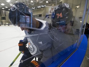 Darnell Nurse (left) and Ethan Bear take part in Day 2 of the Edmonton Oilers' return to play camp at the Downtown Community Arena on Tuesday, July 14, 2020.