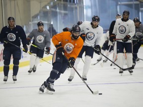 Membes of the Edmonton Oilers take part in Day 2 of return to play camp at the Downtown Community Arena on Tuesday, July 14, 2020.