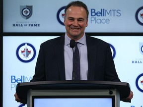 Former Winnipeg Jets great Dale Hawerchuk meets with the media before being inducted into the Jets Hall of Fame prior to its meeting with the Phoenix Coyotes in Winnipeg on Tues., Nov. 14, 2017.