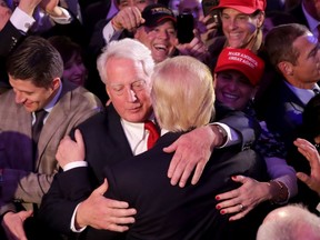 FILE - AUGUST 14, 2020: It was reported that  Robert Trump, the younger brother of President Donald Trump, has been hospitalized in New York and is described by several sources as "very ill." August 14, 2020. NEW YORK, NY - NOVEMBER 09:  Republican president-elect Donald Trump (R) hugs his brother Robert Trump after delivering his acceptance speech at the New York Hilton Midtown in the early morning hours of November 9, 2016 in New York City. Donald Trump defeated Democratic presidential nominee Hillary Clinton to become the 45th president of the United States.