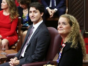 Prime Minister Justin Trudeau and Governor General Julie Payette wait to deliver the throne speech in the Senate chamber on Dec. 5, 2019 in Ottawa.