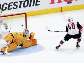 Michael Grabner #40 of the Arizona Coyotes scores a short-handed goal against Juuse Saros #74 of the Nashville Predators in Game 1 of the Western Conference Qualification round at Rogers Place on August 02, 2020.