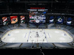 The  Minnesota Wild and the Vancouver Canucks face off in Game One of the Western Conference Qualification Round prior to the 2020 NHL Stanley Cup Playoffs at Rogers Place in Edmonton on August 02, 2020.
