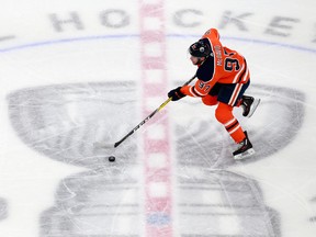 Edmonton Oilers star Connor McDavid skates through centre ice on AUg. 3, 2020, at Rogers Place during Game 2 of his team's Stanley Cup Playoffs qualifying series against the Chicago Blackhawks.