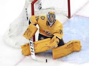 Goaltender Juuse Saros of the Nashville Predators stops a shot in the second period against the Arizona Coyotes in Game 2 of the Western Conference Qualification Round at Rogers Place on Tuesday, Aug. 04, 2020.