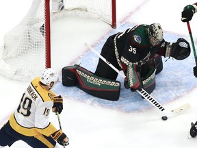 Goaltender Darcy Kuemper of the Arizona Coyotes stops a shot by Calle Jarnkrok #19 of the Nashville Predators in the first period in Game 3 of the Western Conference Qualification Round at Rogers Place on Wednesday, Aug 5, 2020.