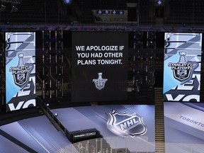 A scoreboard message displayed during the fourth overtime period of the game between the Columbus Blue Jackets and the Tampa Bay Lightning in Game One of the Eastern Conference First Round during the 2020 NHL Stanley Cup Playoffs at Scotiabank Arena on August 11, 2020 in Toronto, Ontario, Canada. The Lightning defeated the Blue Jackets at 10:27 of the fifth overtime which made the game the four longest in NHL history.