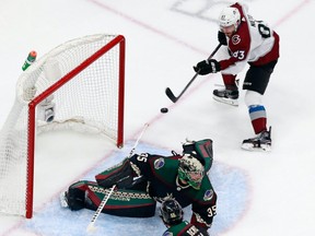Matt Nieto #83 of the Colorado Avalanche scores at 14:07 of the first period against Darcy Kuemper #35 of the Arizona Coyotes in Game 4 of the Western Conference First Round during the 2020 NHL Stanley Cup Playoffs at Rogers Place on August 17, 2020.