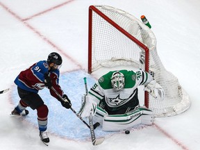 Anton Khudobin #35 of the Dallas Stars stops a shot against Nazem Kadri #91 of the Colorado Avalanche during the first period in Game 2 of the Western Conference Second Round during the 2020 NHL Stanley Cup Playoffs at Rogers Place on August 24, 2020.