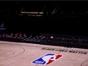 LAKE BUENA VISTA, FLORIDA - AUGUST 27:  An empty arena is seen as all NBA playoff games were postponed today during the 2020 NBA Playoffs at The Field House at ESPN Wide World Of Sports Complex on August 27, 2020 in Lake Buena Vista, Florida.  NBA players have reportedly decided to resume the season after their walkout of playoff games on Wednesday to protest the shooting of Jacob Blake in Kenosha, Wisconsin.