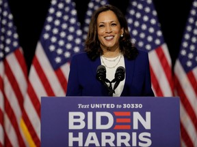 Democratic vice presidential candidate Senator Kamala Harris speaks at a campaign event, on her first joint appearance with presidential candidate and former Vice President Joe Biden after being named by Biden as his running mate, at Alexis Dupont High School in Wilmington, Delaware, Aug. 12, 2020.