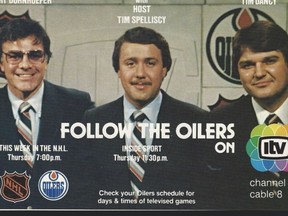 Tim Dancy, right, is featured with game broadcast host Tim Spelliscy, centre, and colour analyst Gary Dornhoefer in a promotional shot for ITV's Oilers broadcast crew. Supplied