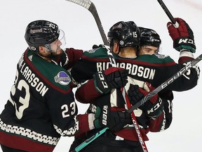 Arizona Coyotes forward Brad Richardson (15) celebrates his overtime series winning goal against the Nashville Predators during the Western Conference qualifications at Rogers Place on Friday, Aug. 7, 2020.