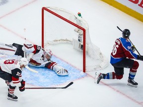 Colorado Avalanche right-winger Mikko Rantanen (96) scores a goal against the Arizona Coyotes during the third period in game one of the first round of the 2020 Stanley Cup Playoffs at Rogers Place on Aug. 12, 2020.