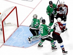 Colorado Avalanche left wing Andre Burakovsky (not pictured) scores a goal against Dallas Stars goaltender Anton Khudobin (35) during the second period in Game 3 of the second round of the 2020 Stanley Cup Playoffs at Rogers Place on Aug. 26, 2020.