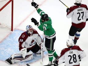 Dallas Stars left wing Jamie Benn (14) celebrates his power play goal scored against Colorado Avalanche goaltender Pavel Francouz (39) during the first period in Game 4 of the second round of the 2020 Stanley Cup Playoffs at Rogers Place on Aug. 30, 2020.