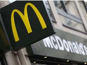 This file photo taken on January 22, 2014 in Paris, shows the logo of US fast food restaurant McDonald's.