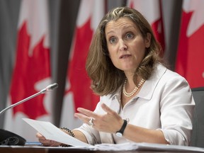 Deputy Prime Minister and Finance Minister Chrystia Freeland responds to a question during a news conference on Thursday, Aug. 20, 2020 in Ottawa.