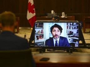 Prime Minister Justin Trudeau appears as a witness via videoconference during a House of Commons finance committee in the Wellington Building on Thursday, July 30, 2020.
