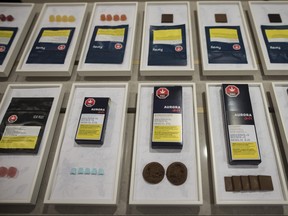 A variety of cannabis edibles are displayed at the Ontario Cannabis Store in Toronto on Friday, Jan. 3, 2020.